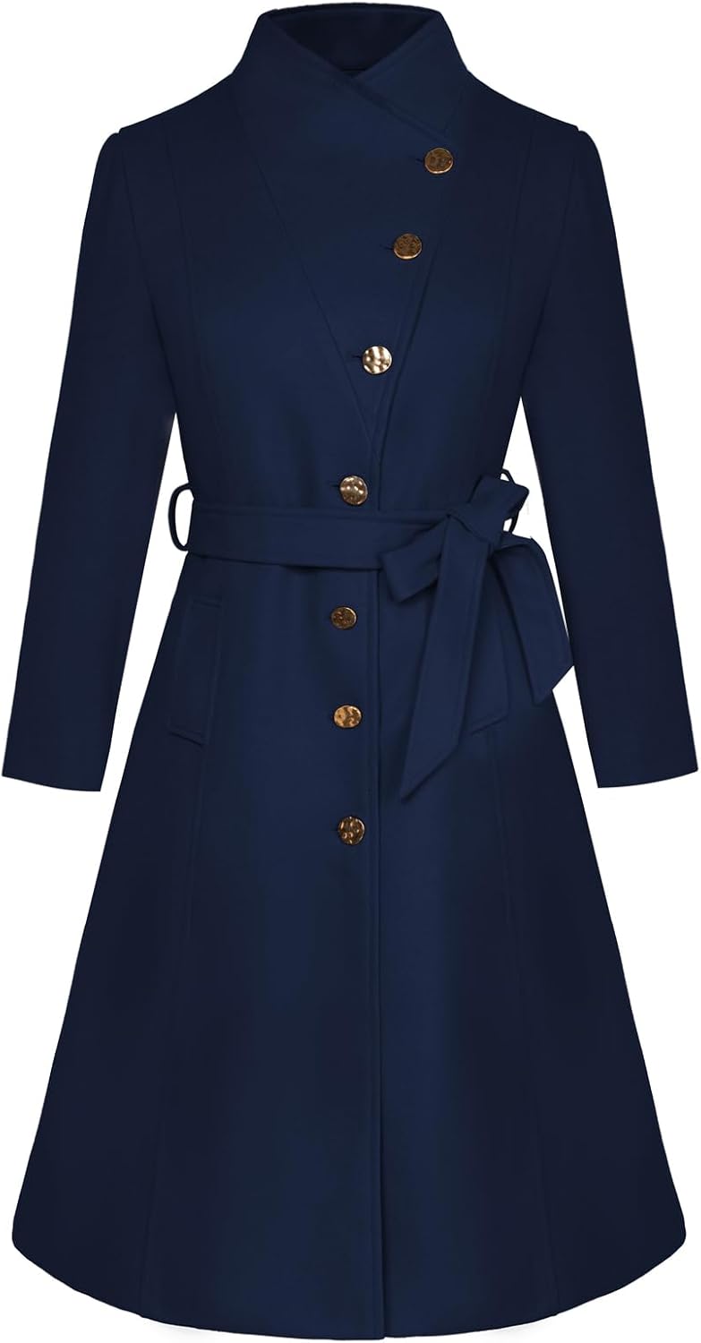 Women’s Winter Coat  Fall Casual Notch Lapel Single Breasted Belted Midi Peacoat with Pockets