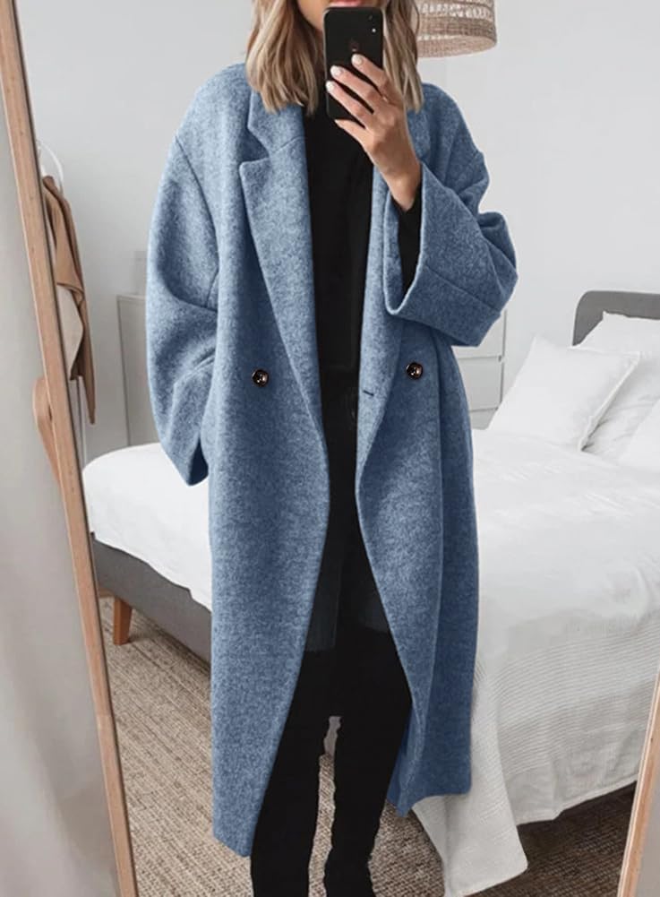 Women’s Winter Double Breasted Wool Coat Long Sleeve Notch Lapel Long Trench Coat