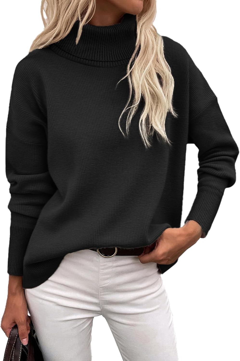 Women’s Turtleneck Sweater 2024 Fall Winter Chunky Knitted Pullover High Low Hem Trendy Basic Jumper Top