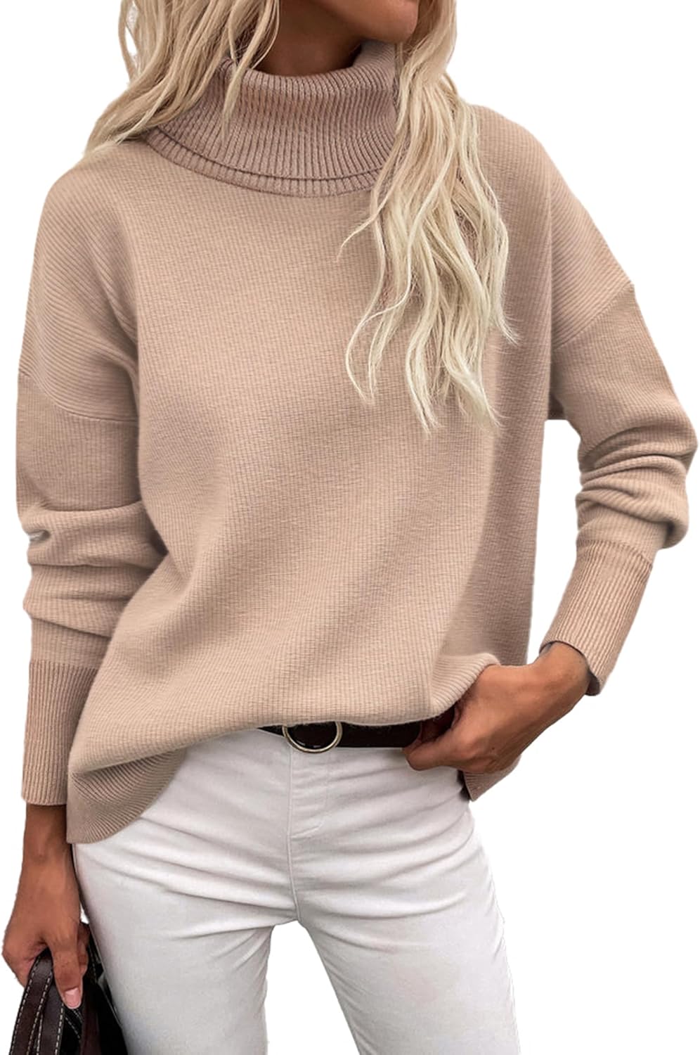Women’s Turtleneck Sweater 2024 Fall Winter Chunky Knitted Pullover High Low Hem Trendy Basic Jumper Top